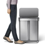 simplehuman 58 Liter / 15.3 Gallon Rectangular Dual Compartment Recycling Step, Brushed Stainless Steel with Soft-Close Plastic Lid Kitchen Trash Can