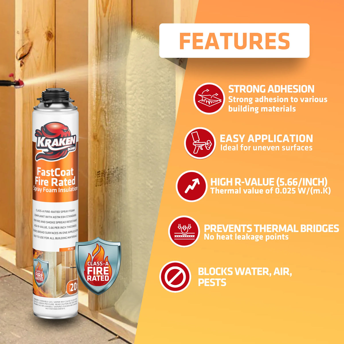Kraken Bond Fastcoat Spray Foam Insulation Kit, Class A Fire Rated, 240 Board Feet, Closed Cell - 12 Pack Set