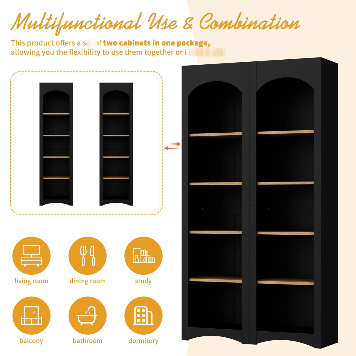 72"h Pantry Pair, 2 , Adjustable Shelves, , Black Finish 2 Bookcase , Cabinet With Vintage Style