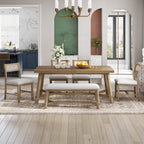 Prehome 6-piece Retro Farmhouse Dining Set, Wood Rectangular Table and 4 Upholstered Rattan Chairs, Bench, Dining Table Set for 5-7, Dining Table Set for Kitchen Dining Room Dorm Apartment, Wood Wash