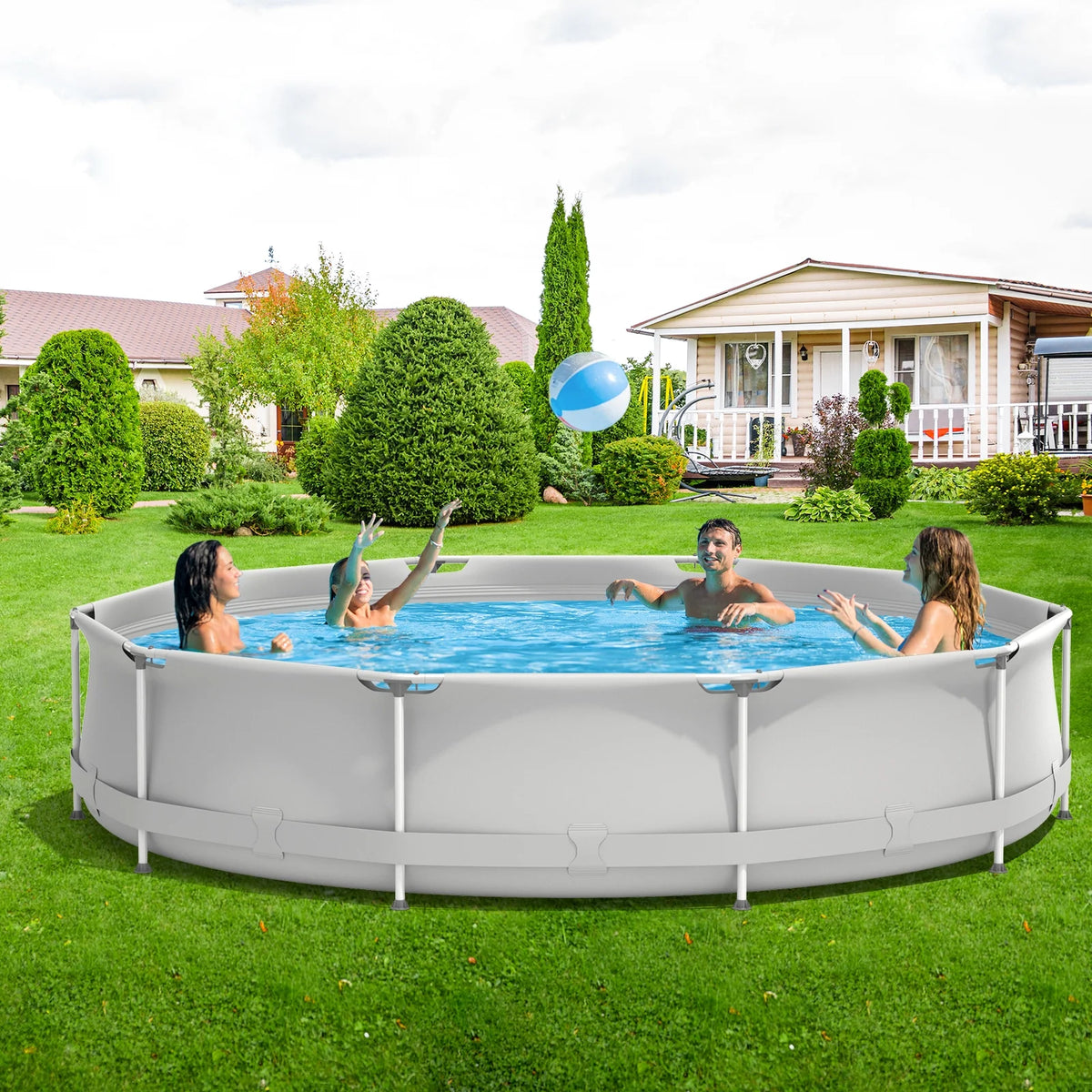 Infans Round Above Ground Swimming Pool Patio Frame Pool W/ Pool Cover Iron Frame Blue