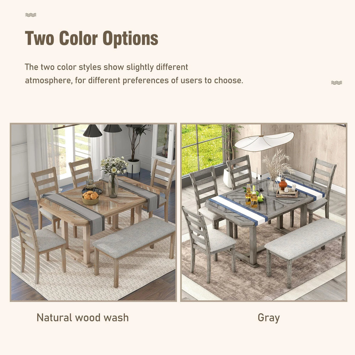 Bellemave 6-Piece Dining Table Set, Rubber Wood Rectangular Kitchen Table Set for 6, Farmhouse Dining Table Set with 4 Upholstered Chairs and Bench (Gray)