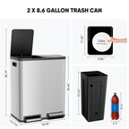 EDX 2 x 8.3 Gallon Dual Garbage Recycle Trash Can with Lid, Inner Buckets for Kitchen, Stainless Steel, Sliver