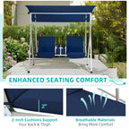 HOMREST Patio Swing with Adjustable Canopy��Heavy Duty 650 LBS Outdoor Swing with Pivot Storage Table & 4 Cup Holders & Cushions for Yard, Lawn, Backyard, Navy Blue