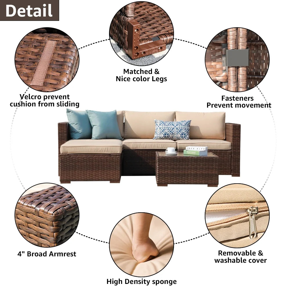 Patiorama 5-Piece Patio Furniture Set, Outdoor Sectional Conversation Set, All-Weather Grey PE Wicker with Light Grey Cushions, Backyard Porch Garden