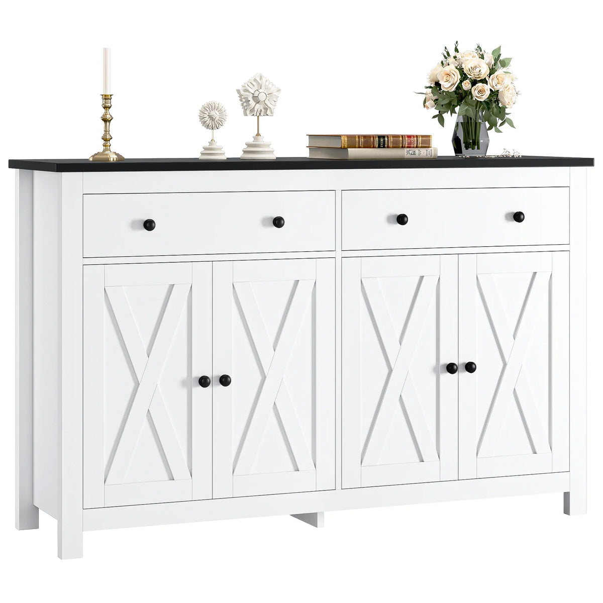 Homfa 55.1'' W Farmhouse Storage Cabinet, 4-Doors 2-Drawers Wood Sideboard with Adjustable Shelves for Kitchen Dining Room, White