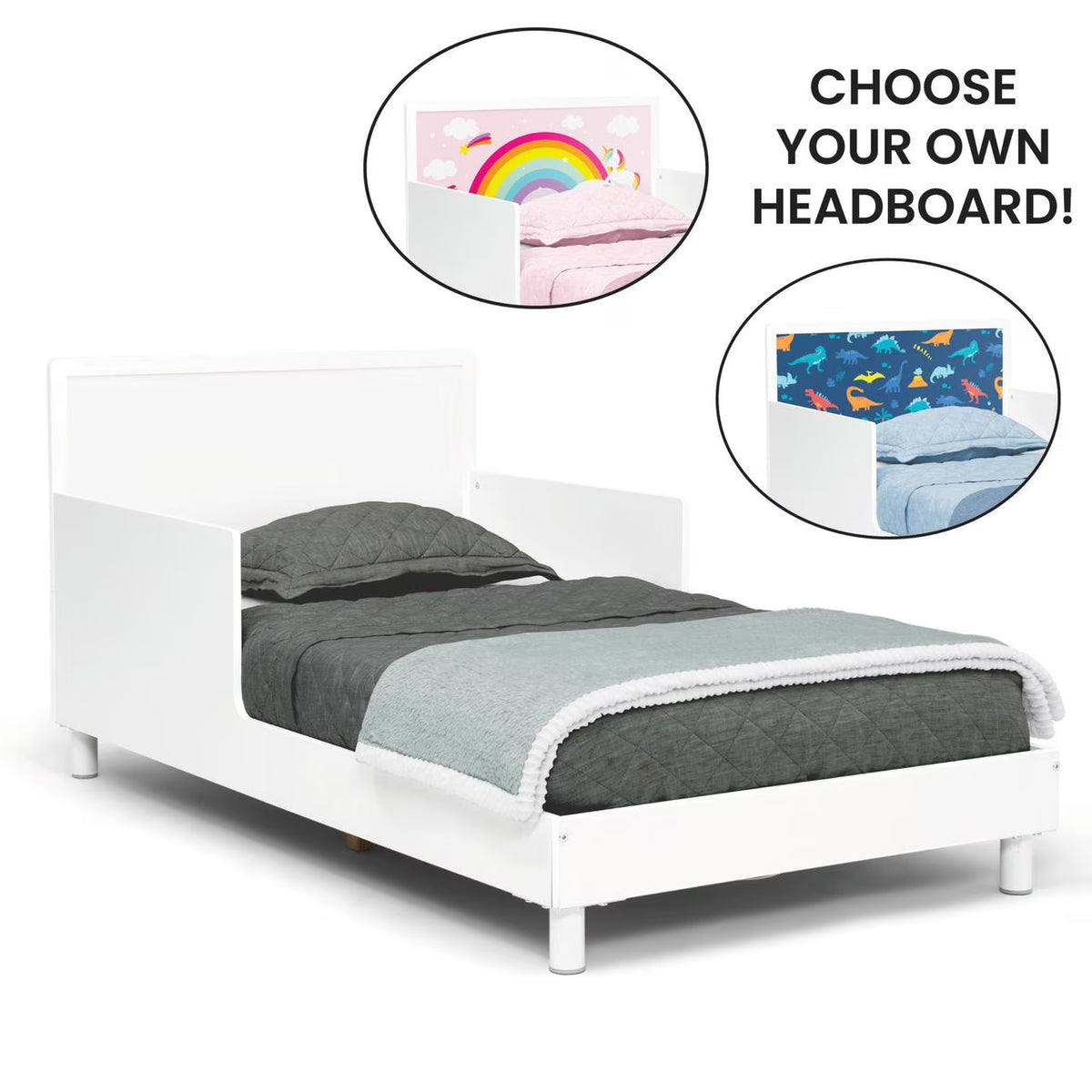 Delta Children Dreamer Toddler Bed (Choose from Dinosaur or Rainbow Headboard Stickers), Bianca White