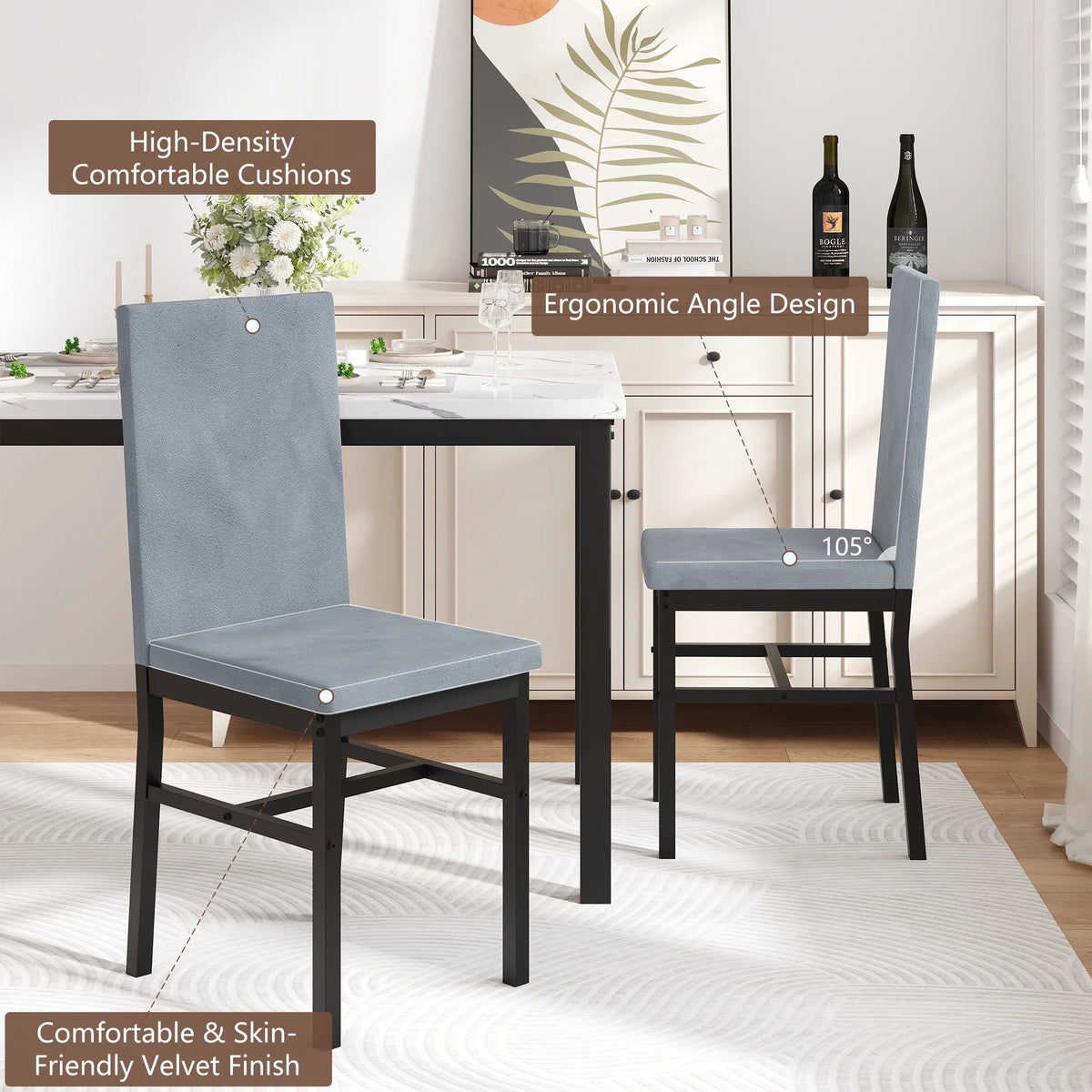 5 Piece Dining Room Table Set, Modern Dining Table Sets with Gray Velvet Upholstered Chairs for 4, Faux Marble Pattern Rectangle Kitchen Table Set for Bar Living Room Breakfast Nook Small Space