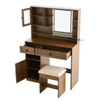 Farmhouse Makeup Vanity Desk with Mirror and Lights,Dressing Table Set with Charging Station and Stool,Drawers,Shelves and Side Cabinet,White