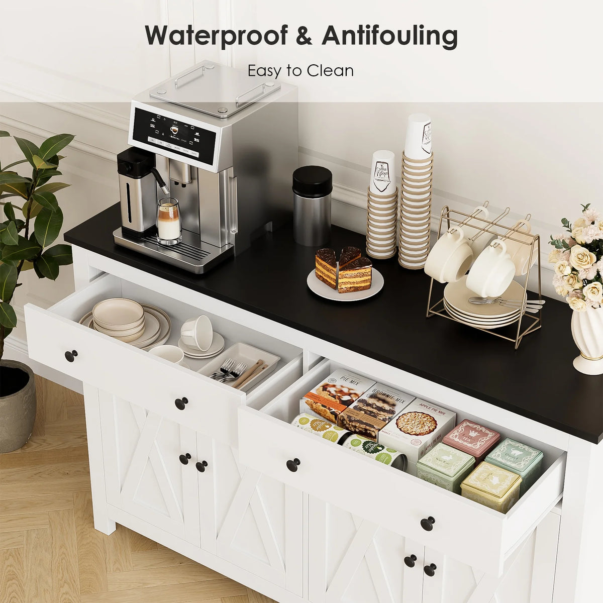 Homfa 55.1'' W Farmhouse Storage Cabinet, 4-Doors 2-Drawers Wood Sideboard with Adjustable Shelves for Kitchen Dining Room, White