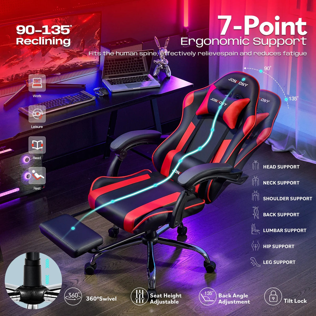 JONPONY Big and Tall 500LBS Gaming Chair, Ergonomic Design, Gamer Chair PU Leather with Footrest and Lumbar Support, High Back Office Chair Support 8 Hours Long Sitting,Red Computer Chair,Red