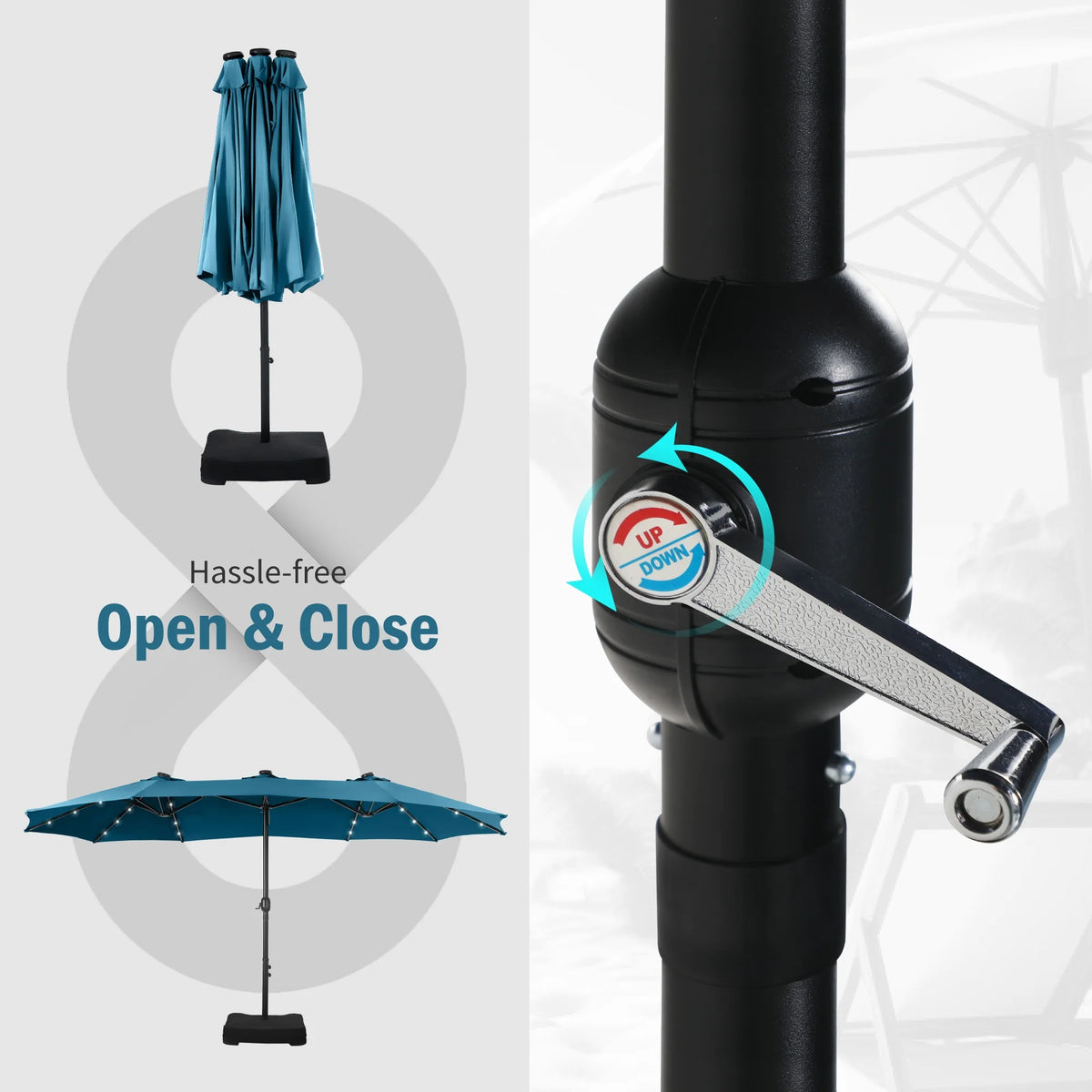 Summit Living 15 FT Double-Sided Solar Patio Umbrella with Base Large Outdoor Umbrella with LED Solar Lights - Haze Blue