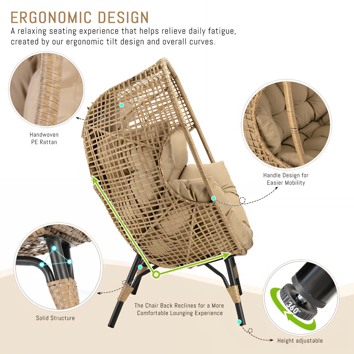 RADIATA 440 lbs Outdoor Egg Chair with Foot Rest & Ottoman, Wicker Patio Egg Chair for Indoor or Garden,Beige