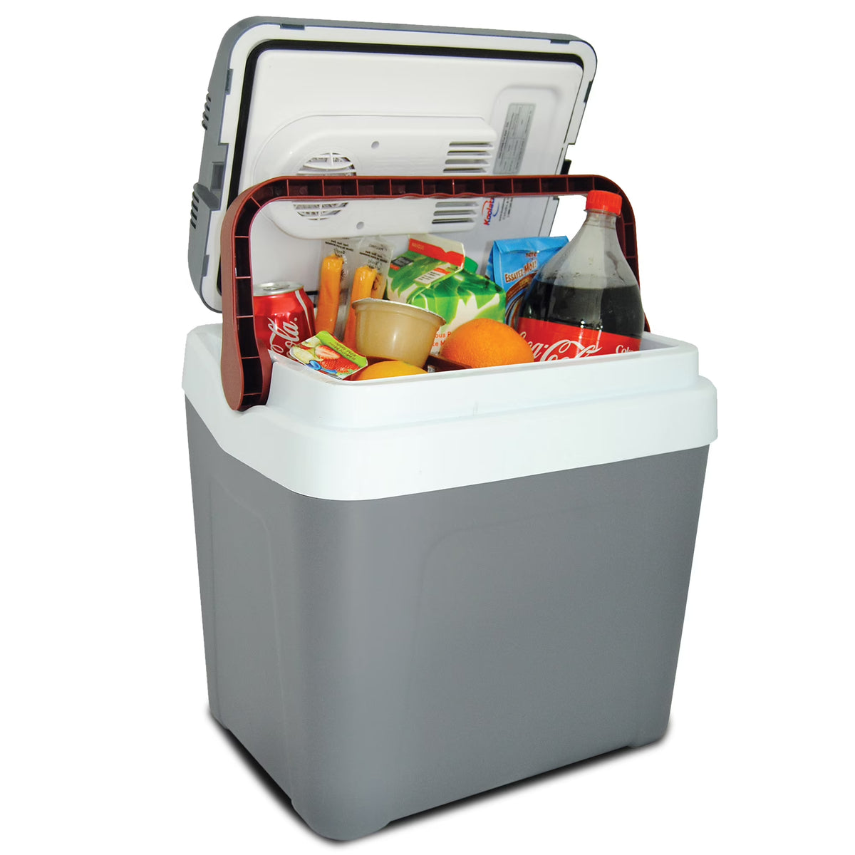 Koolatron 12V Electric Cooler 24L (26 qt), Self-Locking Handle, Gray/Red