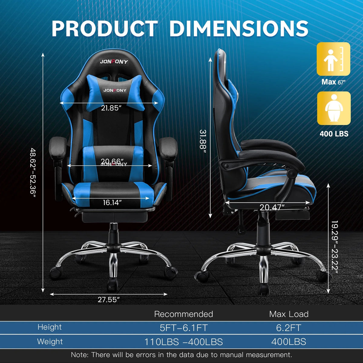 JONPONY Big and Tall 500LBS Gaming Chair, Ergonomic Design, Gamer Chair PU Leather with Footrest and Lumbar Support, High Back Office Chair Support 8 Hours Long Sitting,Red Computer Chair,Red
