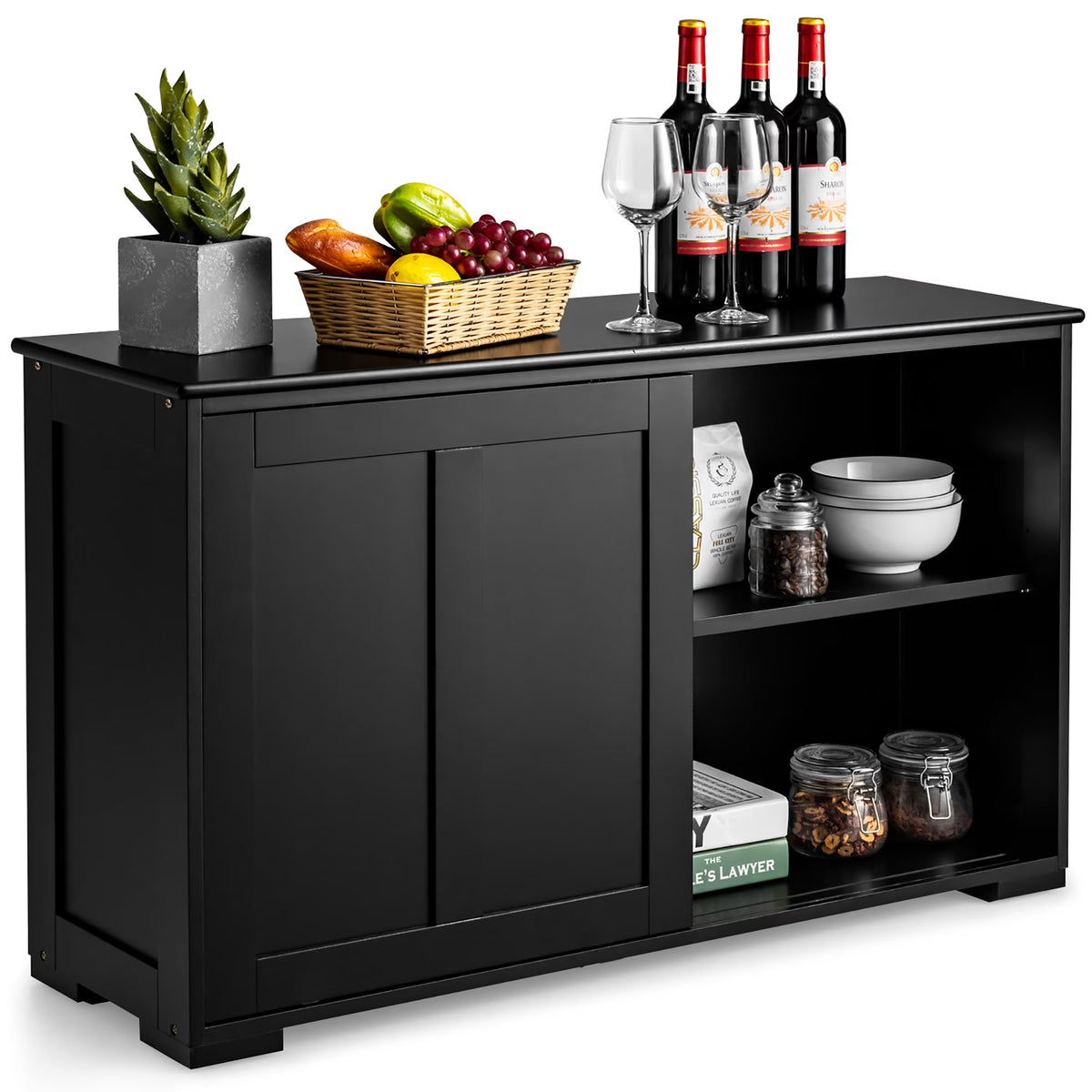 Costway Kitchen Storage Cabinet Sideboard Buffet Cupboard Wood Sliding Door Pantry White
