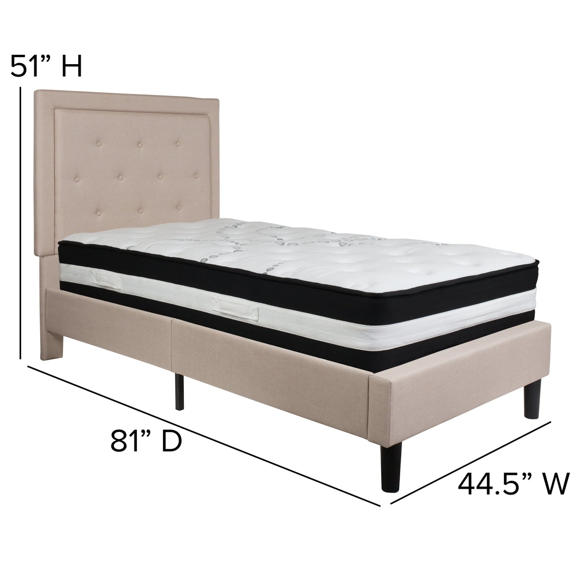 Flash Furniture Roxbury Twin Size Tufted Upholstered Platform Bed in Beige Fabric with Pocket Spring Mattress