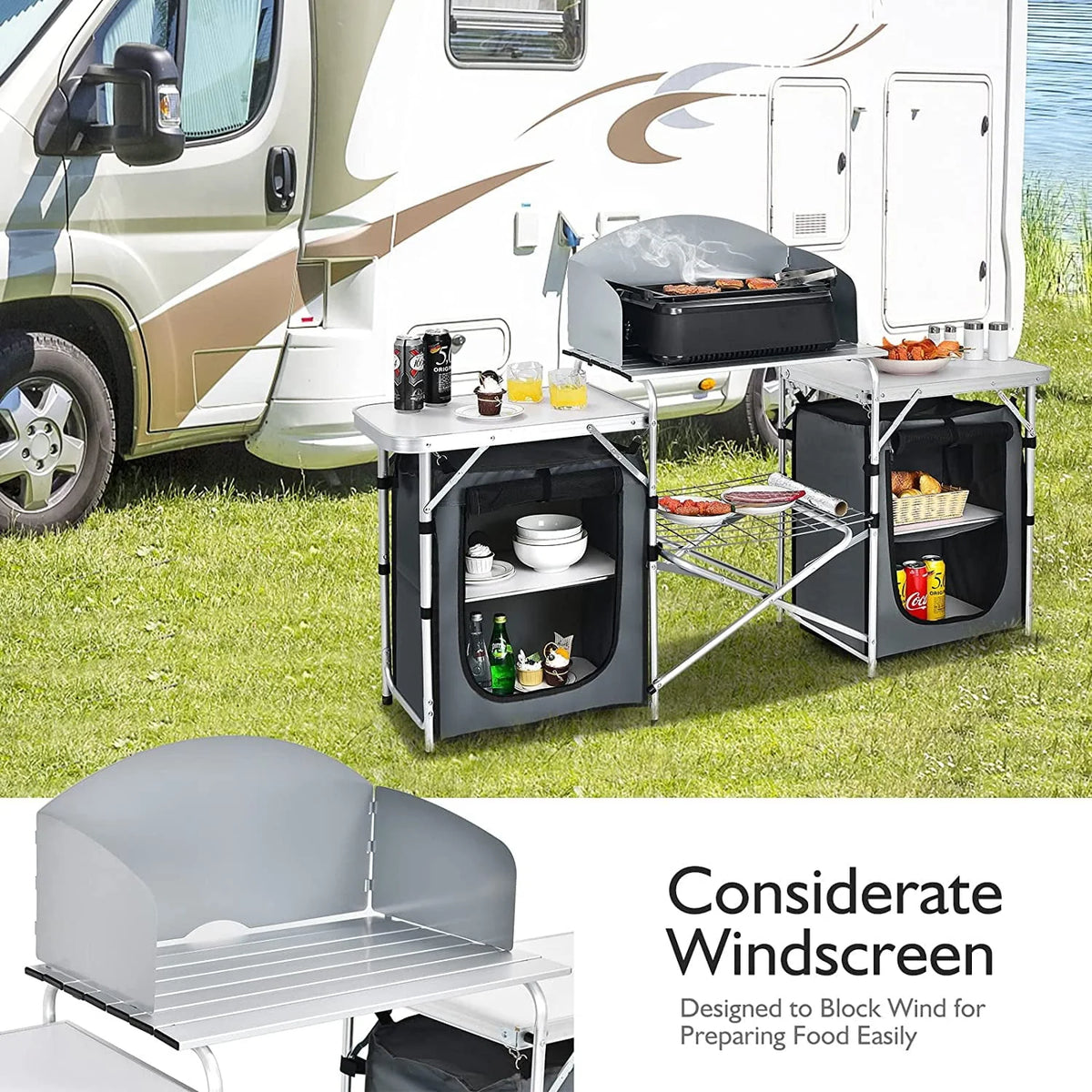 Camping Kitchen Table with Storage, Aluminum Portable Outdoor Cooking Table with Windscreen, Foldable Camp Table Cook Station for BBQ, Grill, Party, Picnics