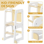 JOZ Kitchen Toddlers Step Stool, Montessori Kids Learning Stool, Foldable Toddler Tower for Counter, Standing Helper for Children, 3 Adjustable Heights, Wooden, White