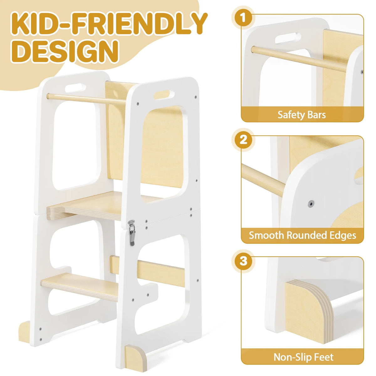 JOZ Kitchen Toddlers Step Stool, Montessori Kids Learning Stool, Foldable Toddler Tower for Counter, Standing Helper for Children, 3 Adjustable Heights, Wooden, White