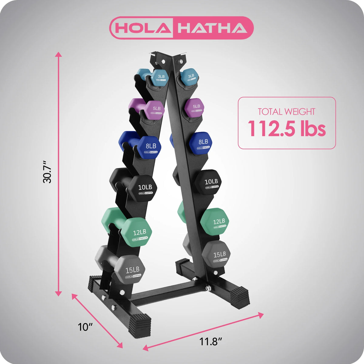 HolaHatha Neoprene Dumbbell Weight Set with Rack (Black), 112.5 lb