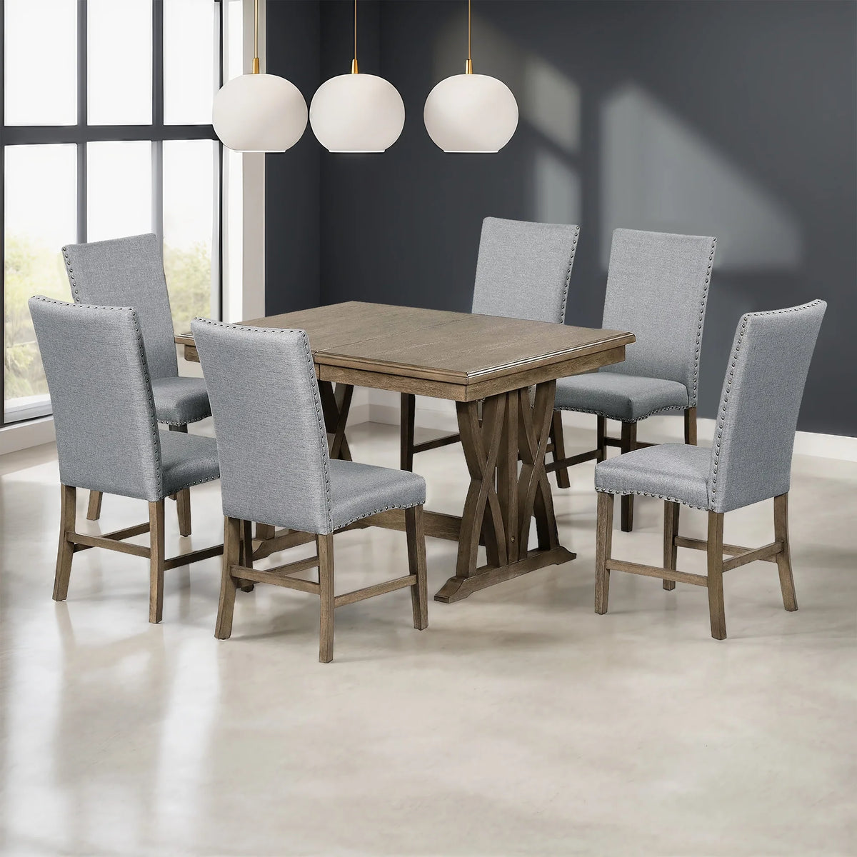 Harper & Bright Designs Farmhouse 7 Pieces Extendable Dining Table Set for 6, Solid Wood Kitchen Table with Butterfly Leaf and 6 Upholstered Chairs, Brown