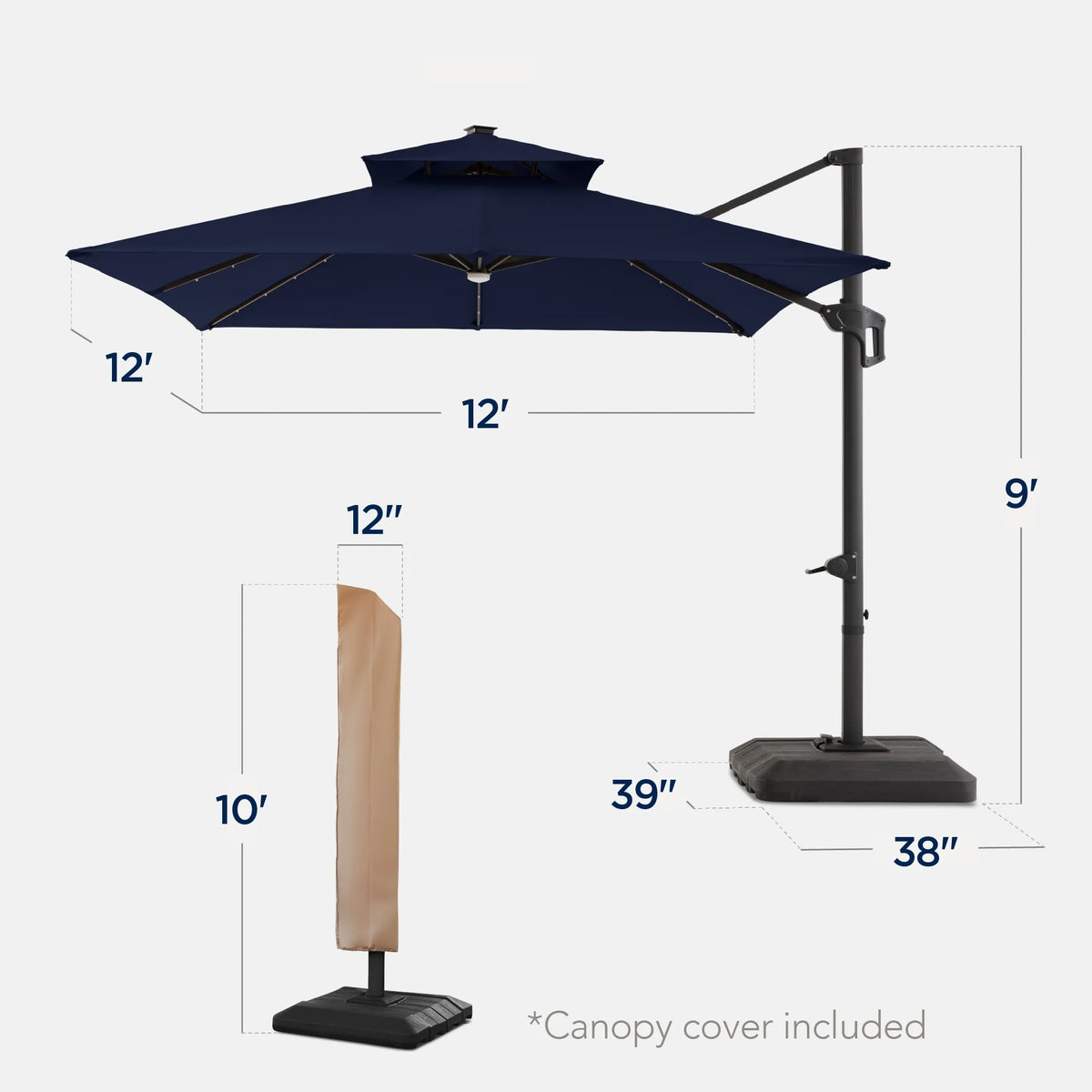 Best Choice Products 12x12ft 2-Tier Square Outdoor Solar LED Cantilever Umbrella w/ 360-Rotating Base   Navy Blue