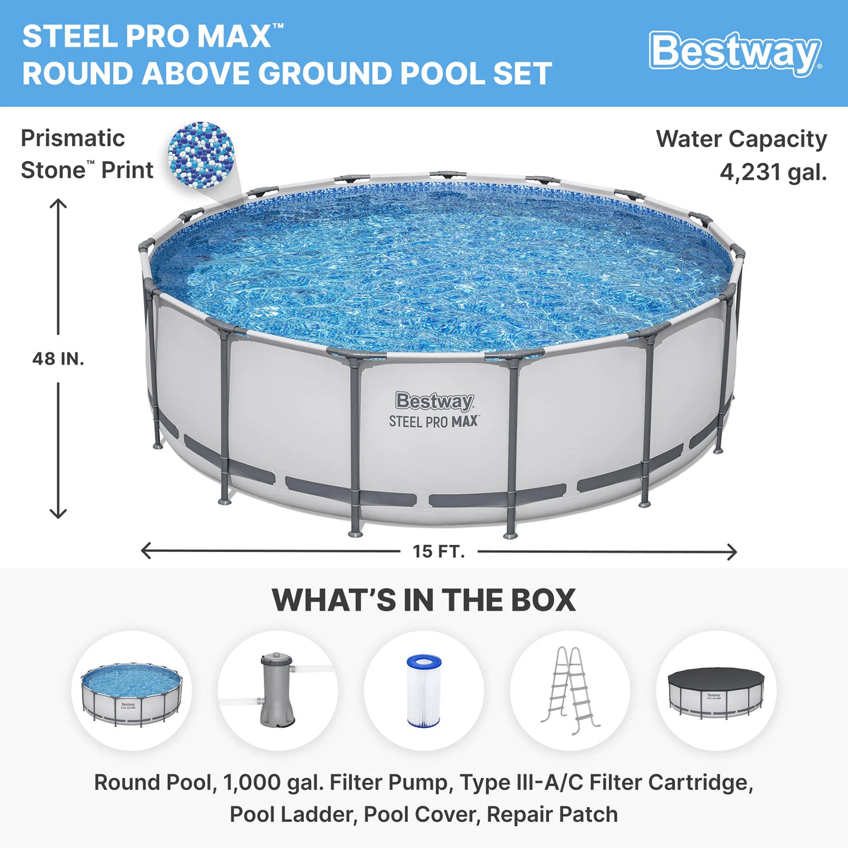 Bestway: Steel Pro MAX 15' X 48" Above Ground Pool Set - 4231 Gallon, Outdoor Family Pool, Corrosion & Puncture Resistant, Includes Filter, Pump, Ladder & Cover