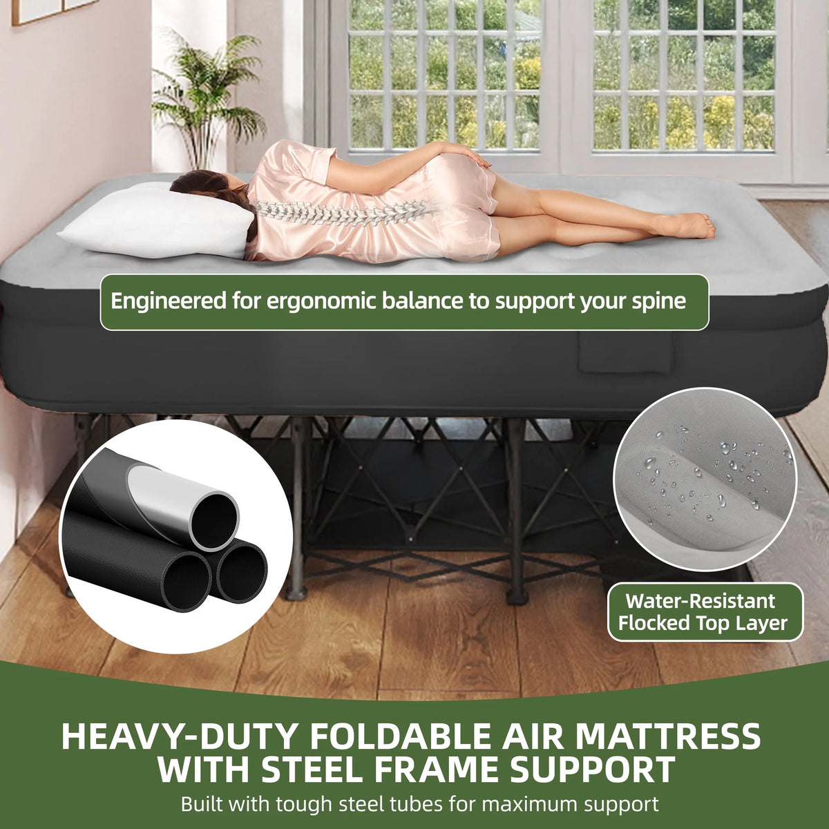 Uforic Inflatable Queen Air Mattress with Built-in Pump, Frame, Velvet Surface & Portable Storage Case, Khaki