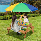 Costway 3-in-1 Kids Picnic Table Wooden Outdoor Sand & Water Table with Umbrella Play Boxes Green