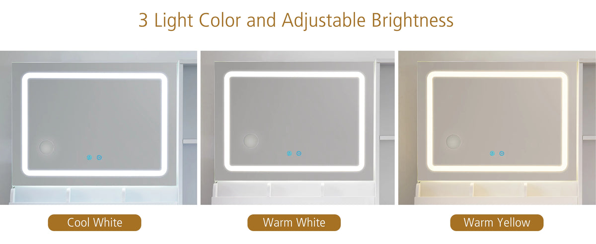 Mainstays Get Ready with Me GRWM Deluxe 2-Piece Vanity and Stool with Lighted Mirror and USB Power, White Finish