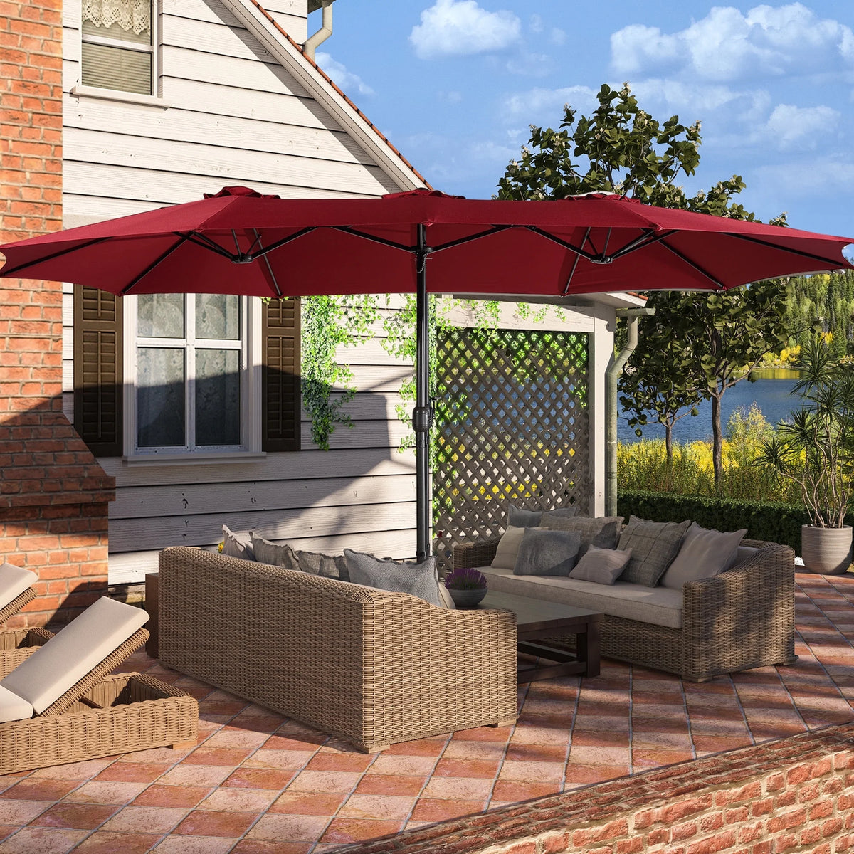 Mondawe 15ft Patio Umbrella Rectangular Outdoor Market Umbrella with Base and LED Lights Beige