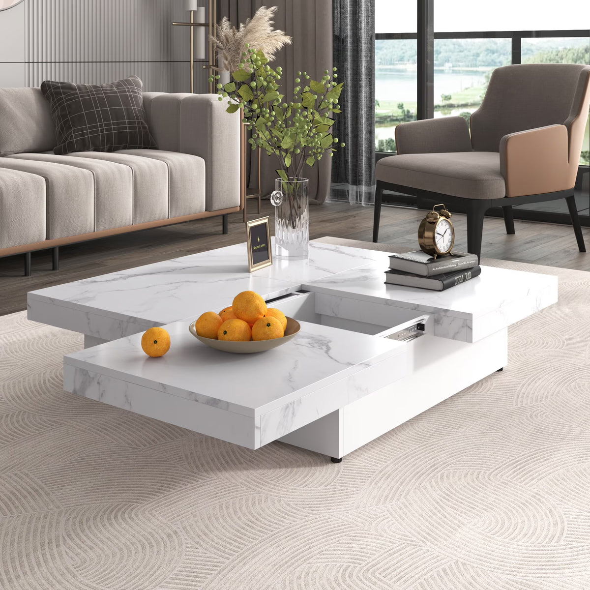 PORKISS Square Coffee Table, Modern Coffee Table with Sliding Top and Storage Space, Cocktail Table with Storage and Grain Veneer Finish, Freestanding Storage Coffee Table for Living Room, Walnut