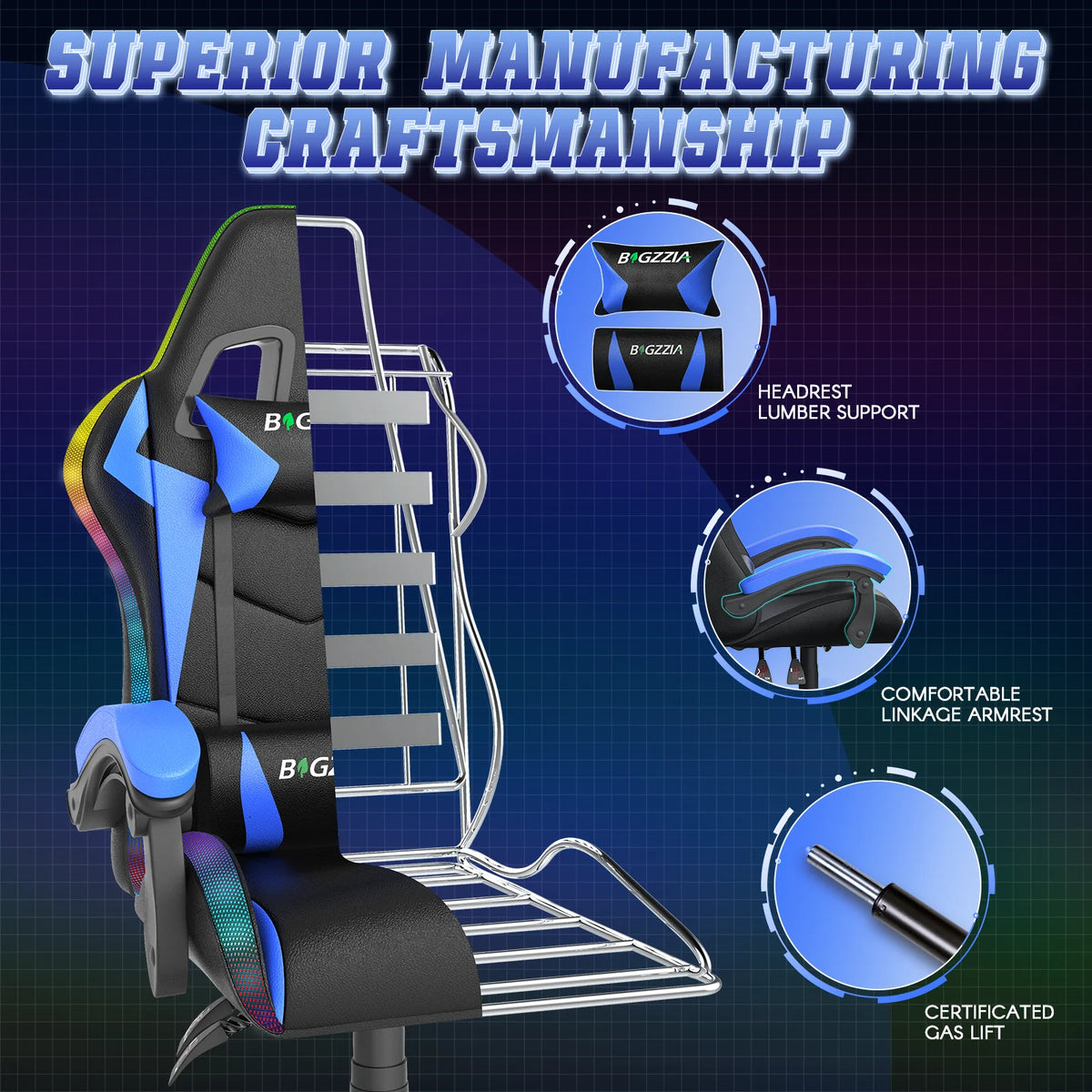Bigzzia Gaming Chair with LED Lights Ergonomic Office Chair for Adults and Kids - Adjustable Height, 360�� Swivel, Headrest Support, Mesh PU Leather, Black & Green
