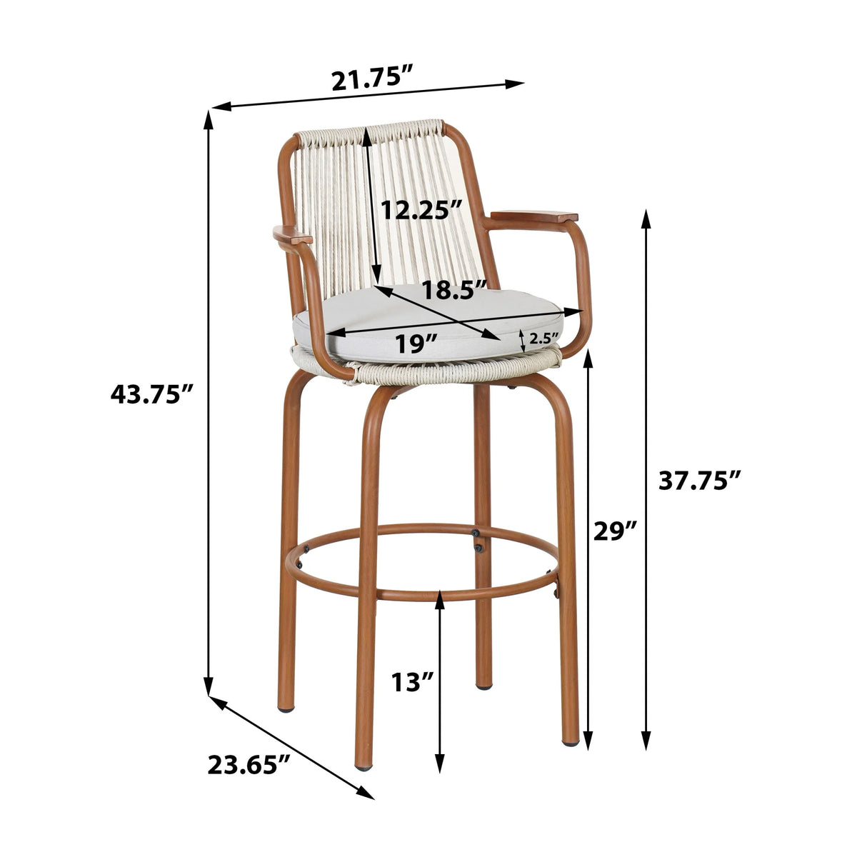 Lyric Modern 29" Outdoor Patio Bar Stools, Bar Chairs with Wood Grain Finish Frame with Hand-Woven PE Rattan Rope, Removable Cushions, Teak+Beige, Set of 2