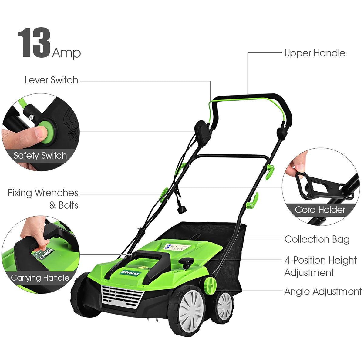 IronMax 13Amp Corded Scarifier 15" Electric Lawn Dethatcher w/50L Collection Bag Orange