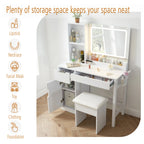 Mainstays Get Ready with Me GRWM Deluxe 2-Piece Vanity and Stool with Lighted Mirror and USB Power, White Finish