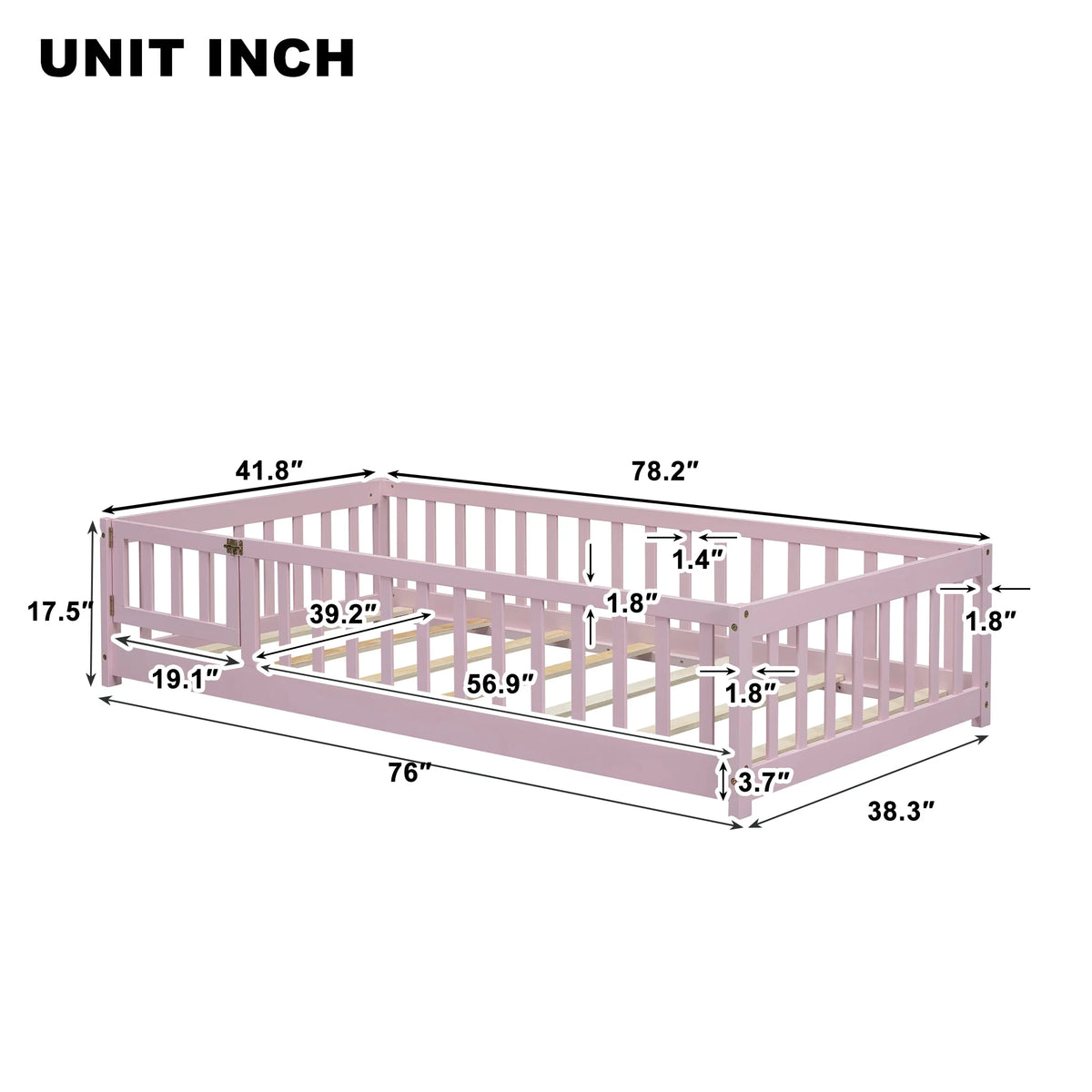 UHOMEPRO Twin Size Floor Bed with Door and Fence, Montessori Floor Bed with Slats and Safety Guardrails, Solid Wood Twin Bed Frame for Bedroom, White