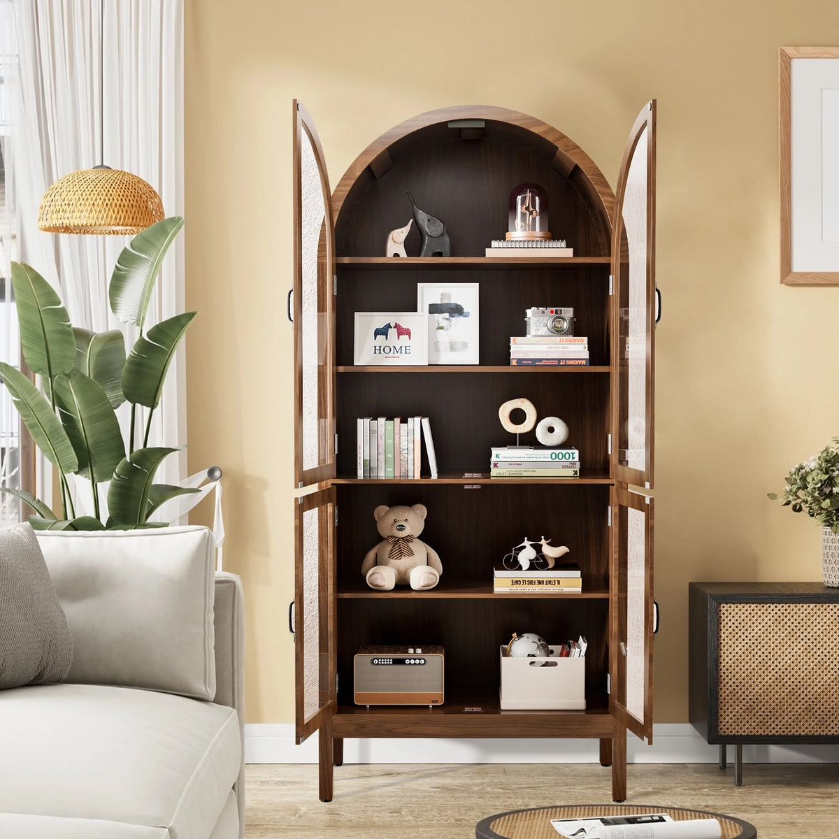 Fiogmub Tall Arched Storage Display Cabinet, Arched Pantry Cabinet with Doors, Acrylic Glass Doors