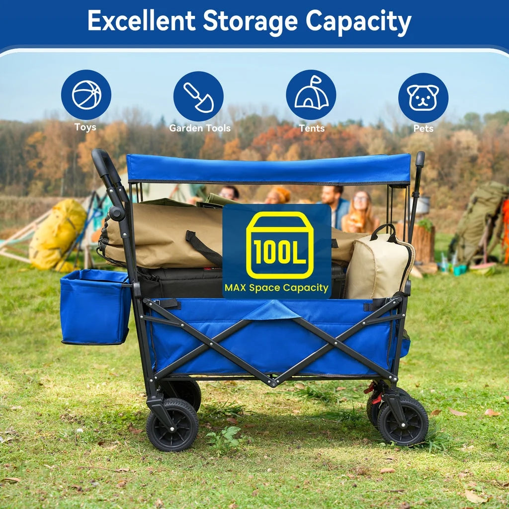 VECUKTY Collapsible Garden Wagon Cart with Removable Canopy Black
