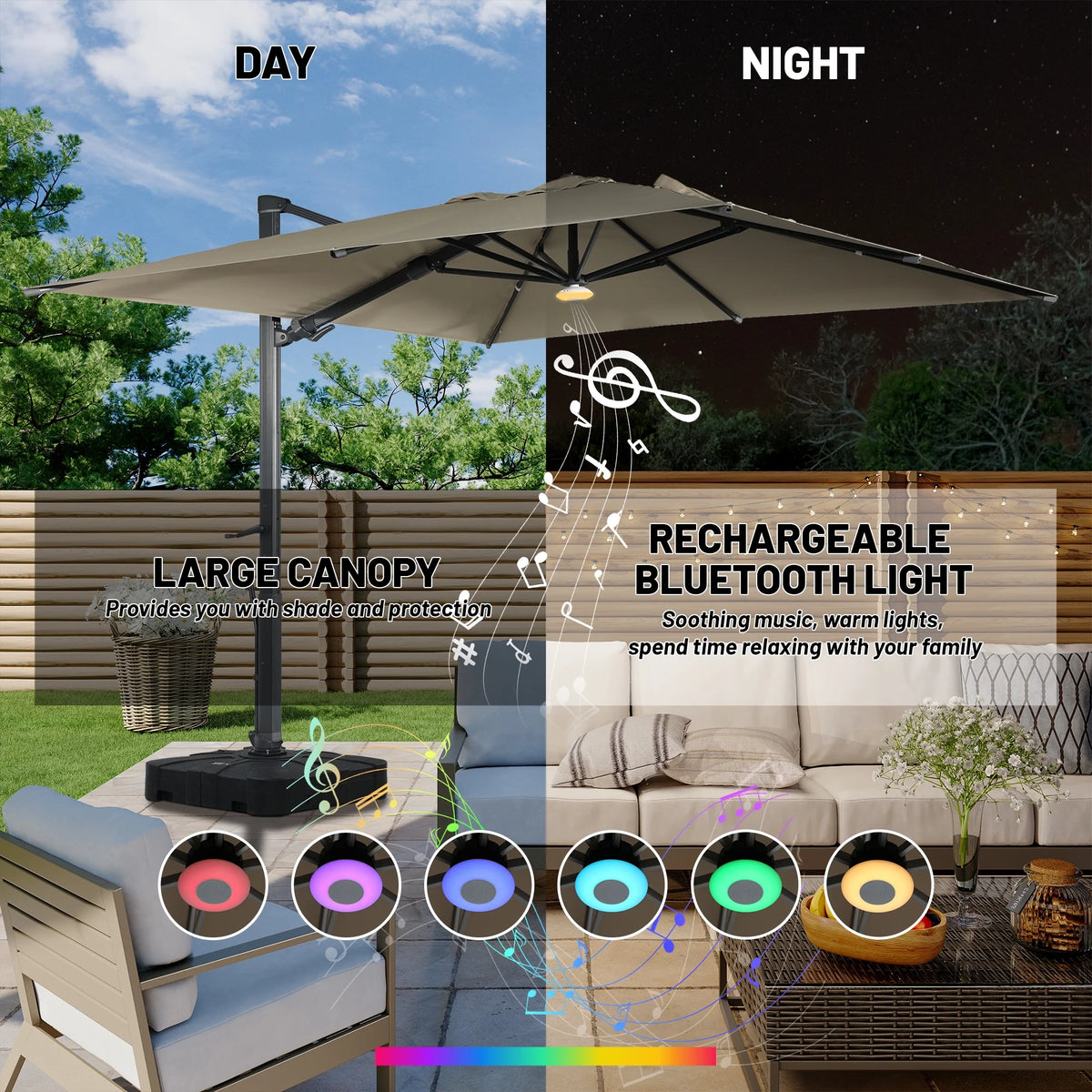 Boyel Living Cantilever Outdoor Patio Umbrellas, with Bluetooth Ambient Light & Base, Offset Square Umbrella for Pool Deck Garden Backyard, Navy Blue