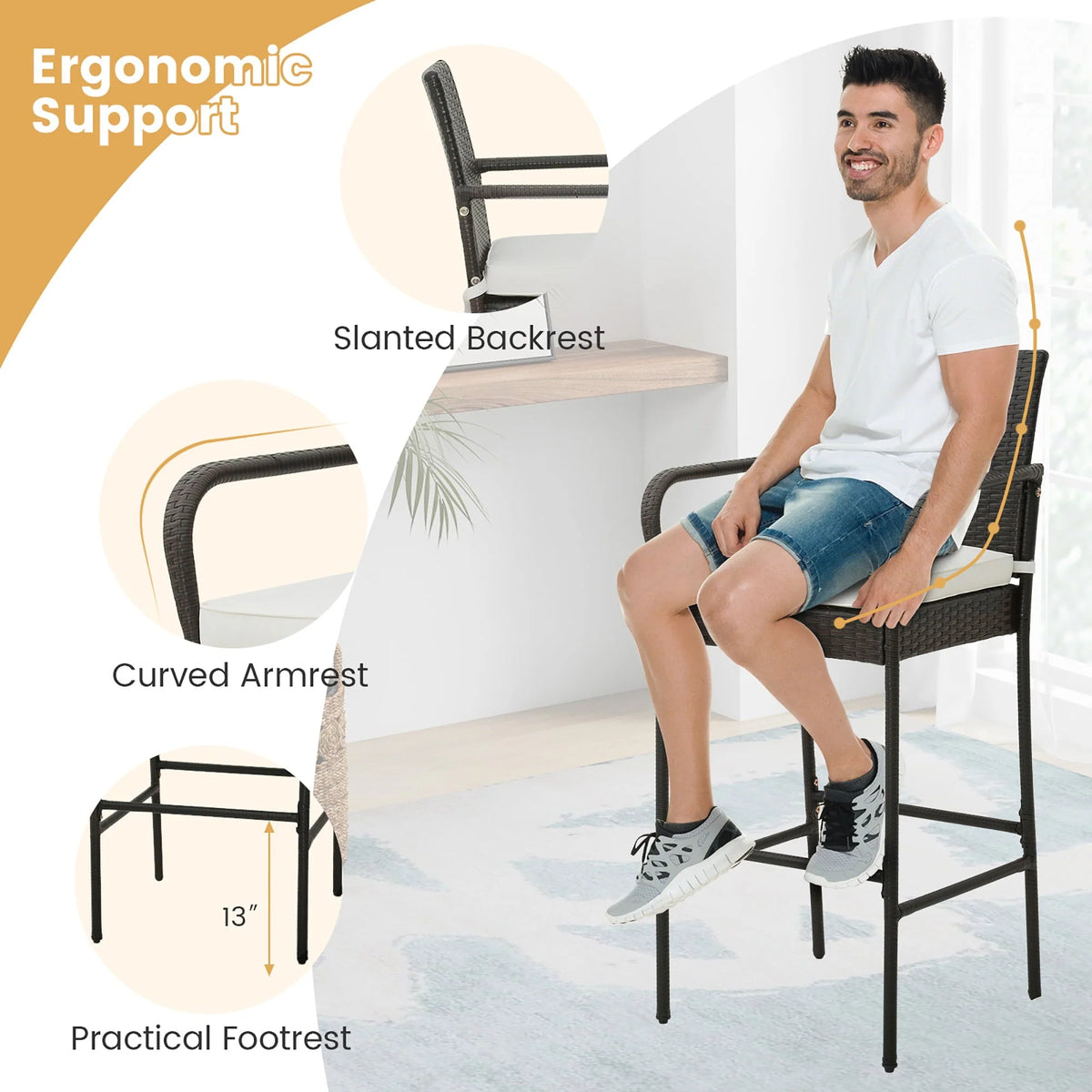 Gymax Set of 2 Wicker Bar Stools Set Outdoor High Back Bar Counter Chairs w/ Cushions