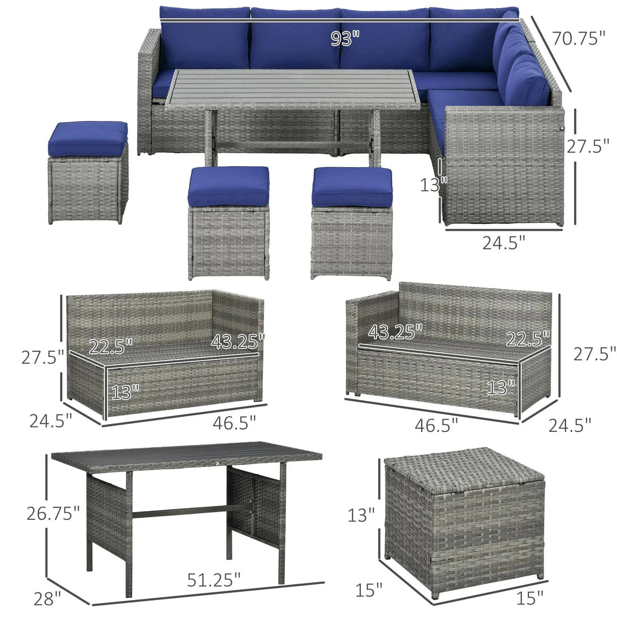 Resenkos Wicker Outdoor Patio Furniture Set, L-Shaped 7 Pieces Outdoor Dining Sectional Sofa, Gray