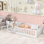 UHOMEPRO Twin Size Floor Bed with Door and Fence, Montessori Floor Bed with Slats and Safety Guardrails, Solid Wood Twin Bed Frame for Bedroom, White