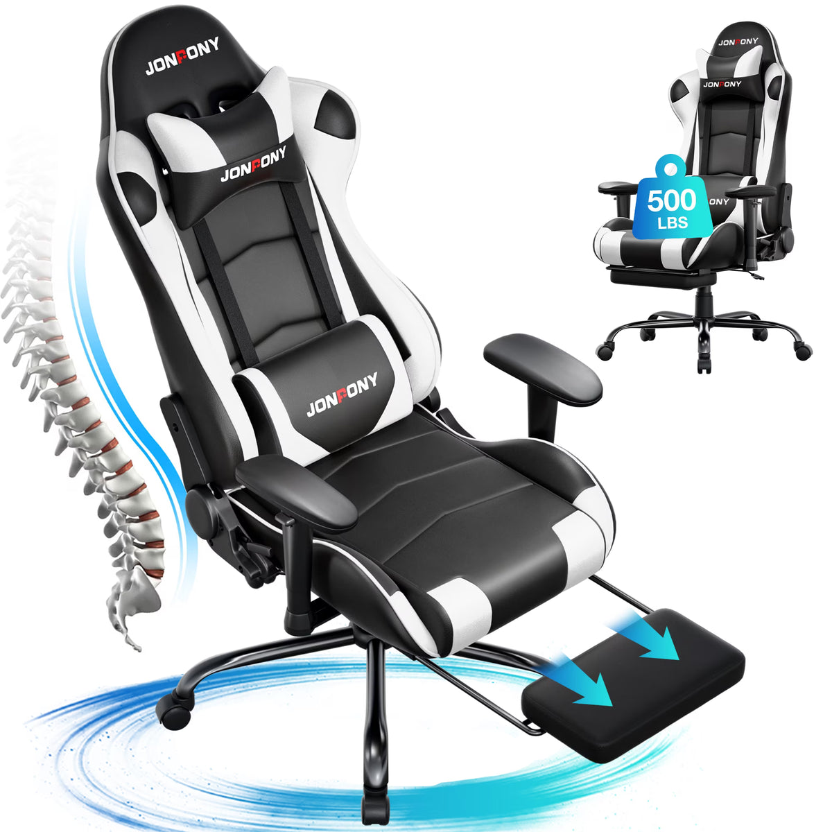 JONPONY Big and Tall 500LBS Gaming Chair, Ergonomic Design, Gamer Chair PU Leather with Footrest and Lumbar Support, High Back Office Chair Support 8 Hours Long Sitting,Red Computer Chair,Red