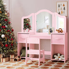 Arlopu Kids Vanity Set with Stool, Wooden Makeup Vanity Desk Children Dressing Table with Chair, Tri-Folding Mirror, Storage Cabinet & Drawers