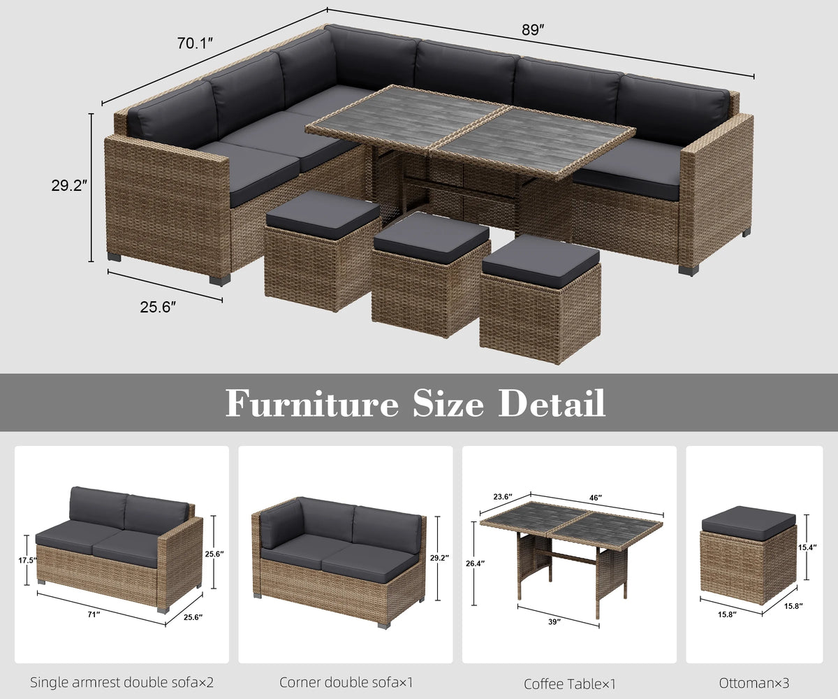 Bifanuo 7 Piece Patio Furniture Set, Outdoor Furniture Patio Sectional Sofa, All Weather PE Rattan Outdoor Sectional with Beige Cushions and Table, Black Wicker