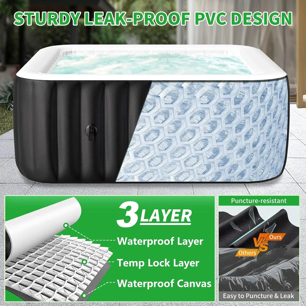 Sunyrisy 4-6 Person Inflatable Hot Tub, Square Blow Up Portable Hot Tub, Leak-Proof PVC Outdoor Spa with 130 Strong Air Jets, Heater Pump and Insulated Cover, 73�� X 73��X 25��