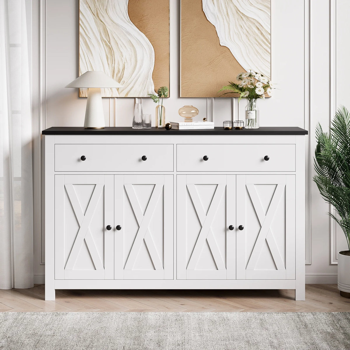 Homfa 55.1'' W Farmhouse Storage Cabinet, 4-Doors 2-Drawers Wood Sideboard with Adjustable Shelves for Kitchen Dining Room, White