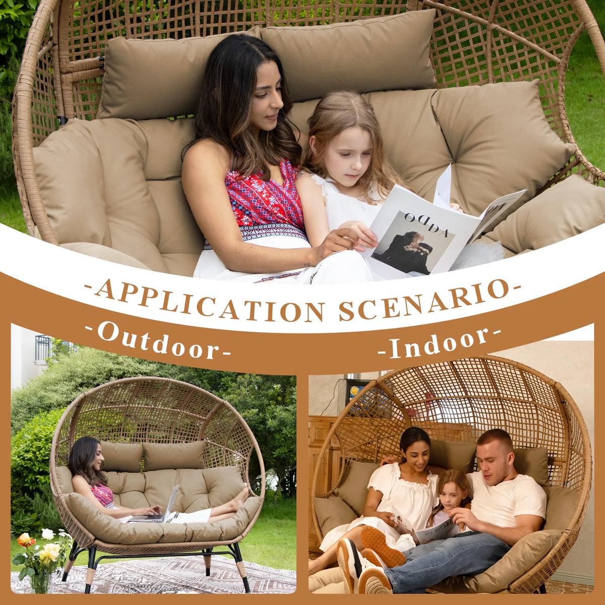 RADIATA 440 lbs Outdoor Egg Chair with Foot Rest & Ottoman, Wicker Patio Egg Chair for Indoor or Garden,Beige